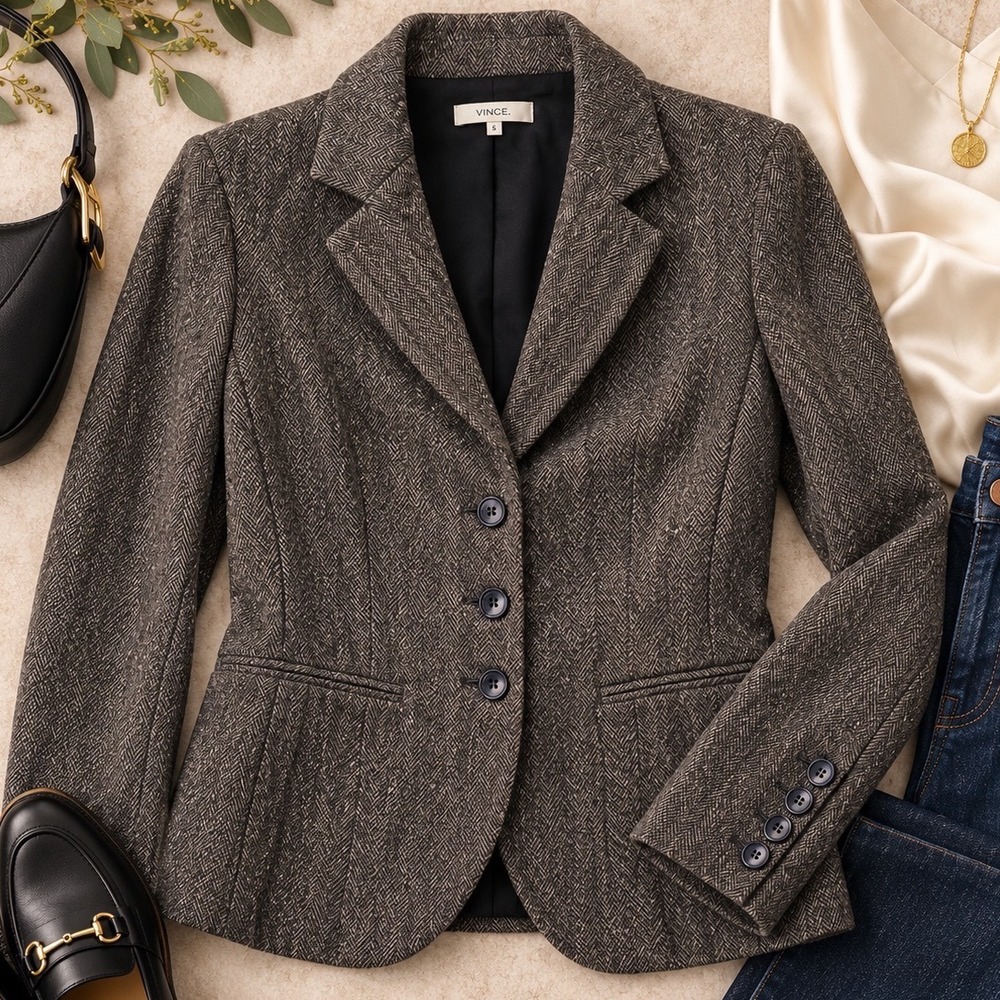 Vince Brown Herringbone Wool Silk Blend 3 Button Blazer Jacket Womens Size 6